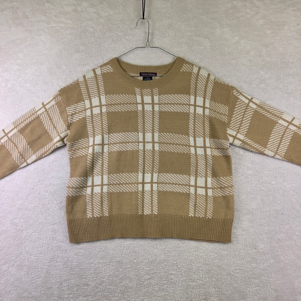 Trendy Threads Tan Cream Plaid Ruffle Cuff Crewneck Sweater 1X Plus Size